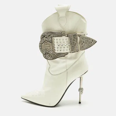 Philipp Plein White Patent Leather Crystal Embellished Cow Boots In Multi
