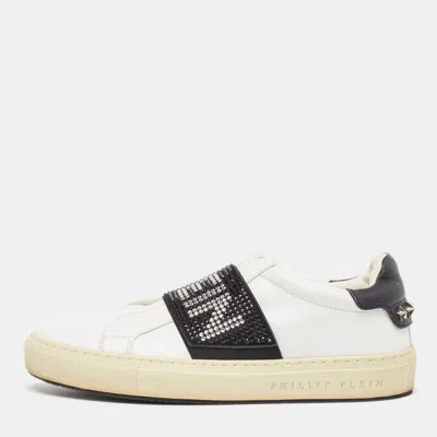 Philipp Plein White/black Leather Crystal Embellished Sneakers In Multi