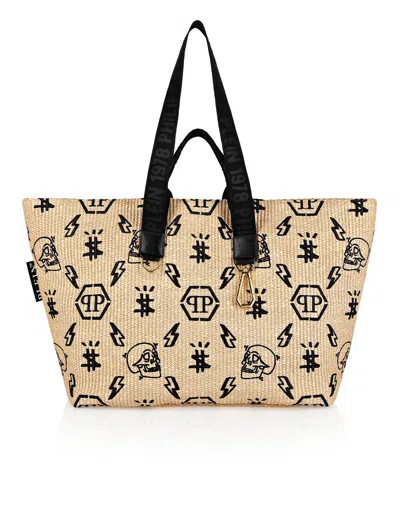 Philipp Plein Wicker Tote Bag Monogram In Beige