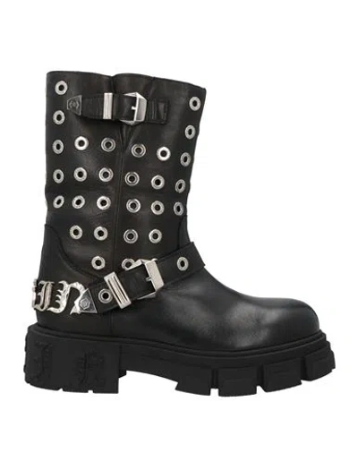 Philipp Plein Woman Ankle Boots Black Size 8 Leather