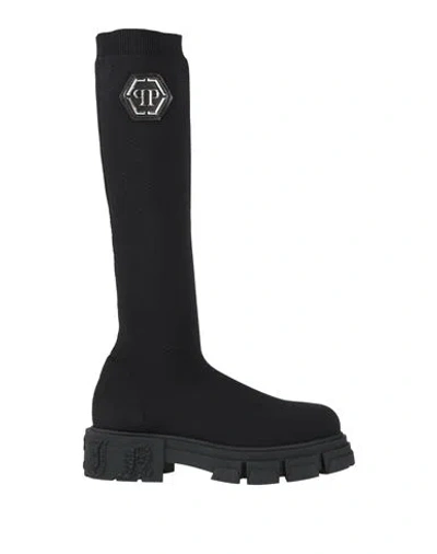 Philipp Plein Woman Boot Black Size 8 Textile Fibers, Leather