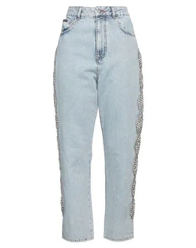 Philipp Plein Woman Jeans Blue Size 28 Cotton, Glass, Polyester