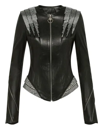 Pre-owned Philipp Plein Women's Crystal Black Genuine Leather Jacket