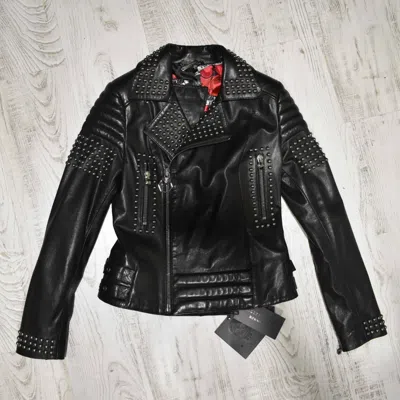Pre-owned Philipp Plein Women's Genuine Leather Black Lambskin Motorcycle Biker Jacket
