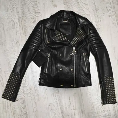 Pre-owned Philipp Plein Women's Genuine Leather Black Motorcycle Biker Jacket