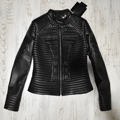 Pre-owned Philipp Plein Women's Genuine Leather Black Quilted Lambskin Jacket