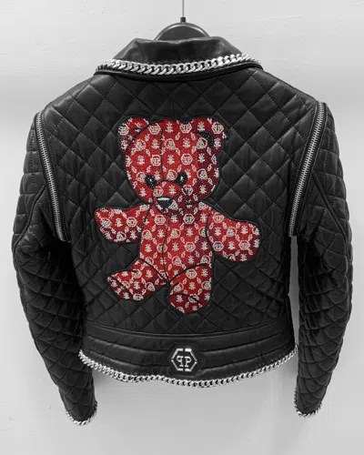 Pre-owned Philipp Plein Women's Genuine Leather Chain Trim Crystal Teddy Bear Biker Jacket In Black