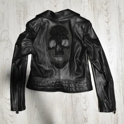 Pre-owned Philipp Plein Women's Genuine Leather Skull Black Motorcycle Biker Jacket