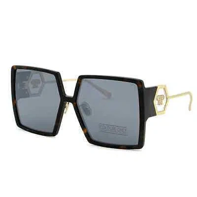 Pre-owned Philipp Plein Women Oversized Sunglasses Spp028m-722x Havana Brown Square In Gray