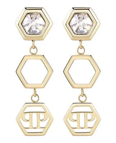Pre-owned Philipp Plein Womens Hexagon Lux Crystal Dangle Earrings In Gold