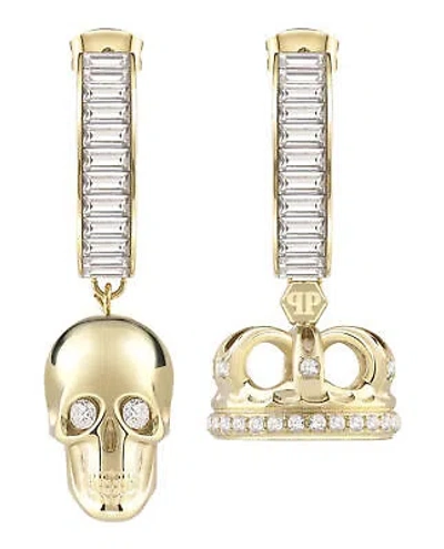 Pre-owned Philipp Plein Womens $kull Crown Crystal Hoop Earrings In Gold