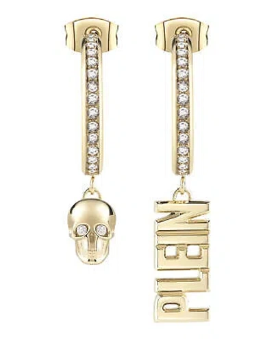 Pre-owned Philipp Plein Womens Lettering Crystal Hoop Earrings In Gold