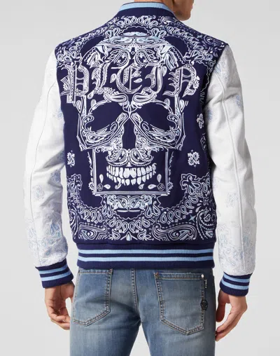 Philipp Plein Wool And Leather Bomber Paisley Foulard In Blue