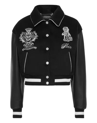 Philipp Plein Wool And Leather College Bomber Teddy In Black