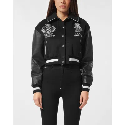 Philipp Plein Wool And Leather College Bomber Teddy Women In Black