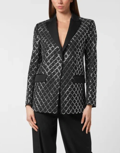 Philipp Plein Wool And Satin Boyfriend Fit Blazer Crystal Rhombus Women In Black