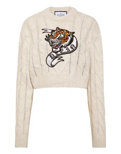 Philipp Plein Wool Blend Pullover Round Neck Ls Tattoo In White