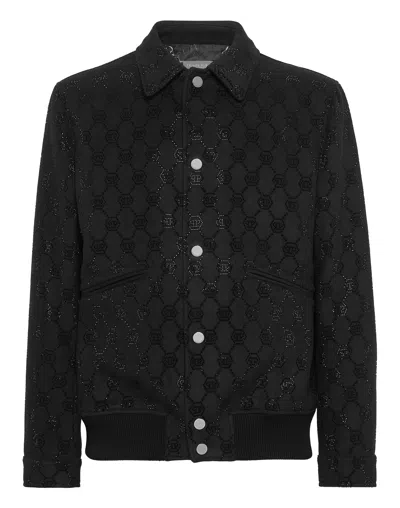 Philipp Plein Wool Bomber Ls Monogram In Black
