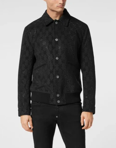 Philipp Plein Wool Bomber Ls Monogram Men In Black