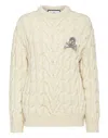 Philipp Plein Wool Cable Knit Pullover Brooch In Beige