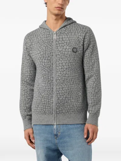 Philipp Plein Wool Cashmere Zip Hoodie Cocco In Gray
