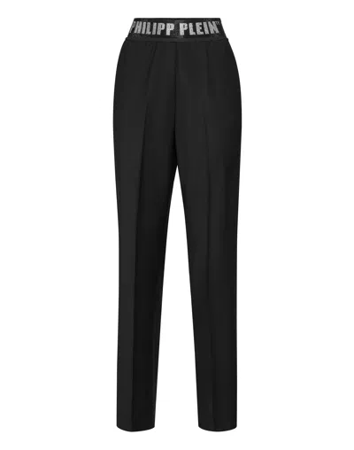 Philipp Plein Wool Classic Trousers Elastic Band Crystal In Black