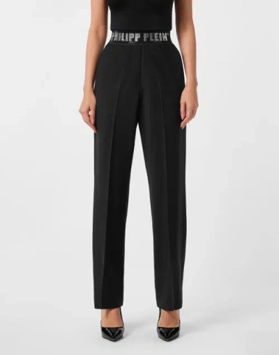 Philipp Plein Wool Classic Trousers Elastic Band Crystal Women In Black