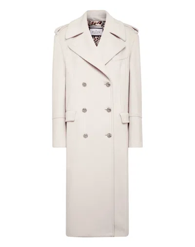 Philipp Plein Skull Crystal-embellished Double-breasted Coat In Neutrals