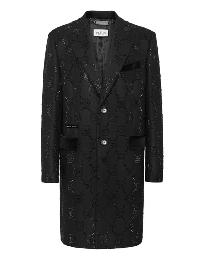 Philipp Plein Wool Coat Monogram In Black