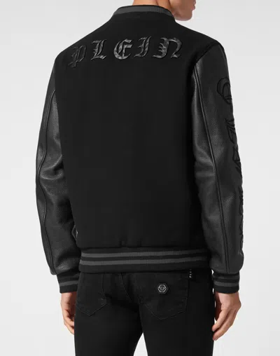 PHILIPP PLEIN WOOL COLLEGE BOMBER WITH LEATHER ARMS GOTHIC PLEIN