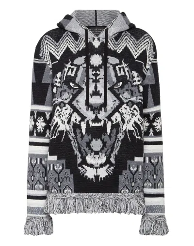 Philipp Plein Wool Hoodie Sweater Fringe Navajo In Black