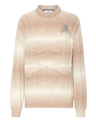 Philipp Plein Wool Knit Pullover Round Neck Ls Skull & Bones In White