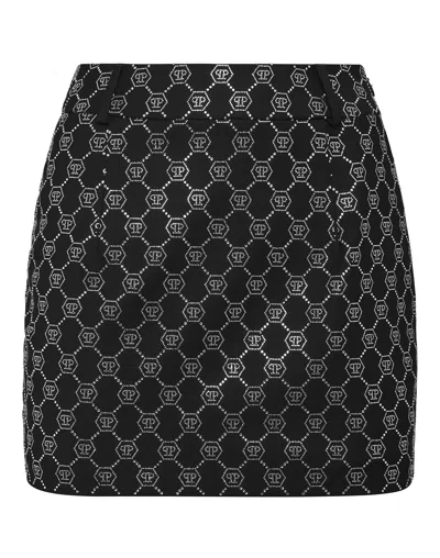 PHILIPP PLEIN WOOL MINI SKIRT STRASS MONOGRAM