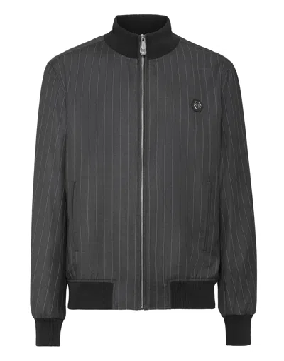 Philipp Plein Wool Pinstripe Bomber Ls