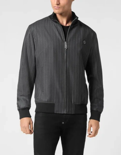 Philipp Plein Wool Pinstripe Bomber Ls Men In Gray