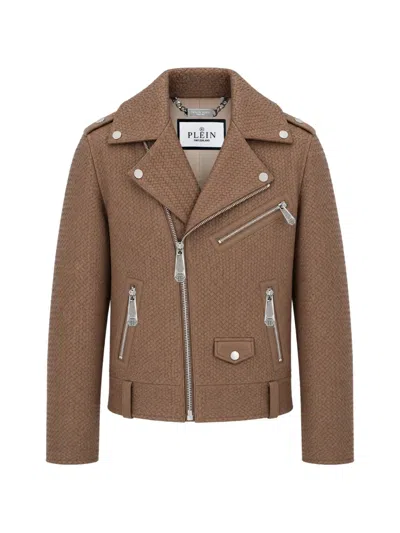 Philipp Plein Woven Leather Biker Jacket In Brown