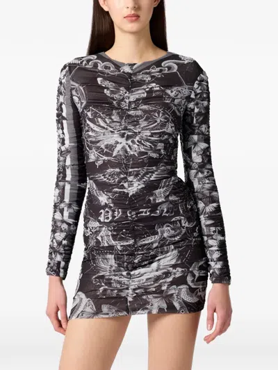Philipp Plein Wrinkled Butterfly-print Mini Dress In Black