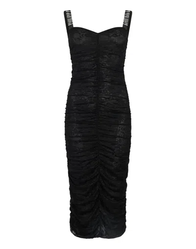 Philipp Plein Wrinkled Lace Long Dress In Black