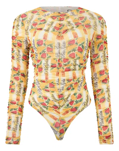 Philipp Plein Wrinkled Tulle Bodysuit Gelato In Yellow