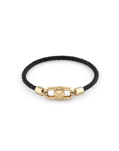 Philipp Plein Yellow Gold Leather Bracelet Plein Edge In Black