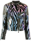 Philipp Plein Zebra Leather Biker Jacket In Black