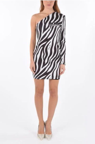 Philipp Plein Zebra Patterned One Shoulder Mini Dress In Black