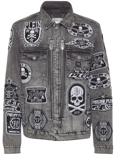 Philipp Plein Zipped Denim Jacket In Gray