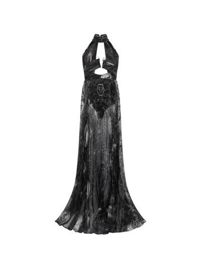 Philipp Plein Zodiac-print Halterneck Dress In Black