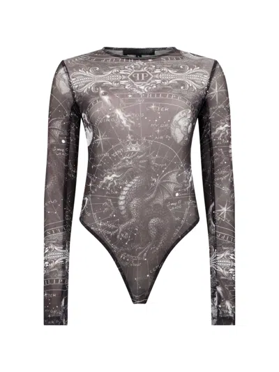 Philipp Plein Zodiac-print Tulle Bodysuit In Black