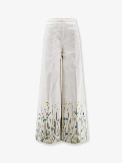 Philippa 1970 Cotton Trousers With Multicolor Embroidery In White