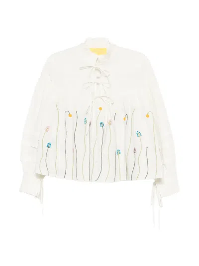 Philippa 1970 Floral-embroidered Ruffled Blouse In White