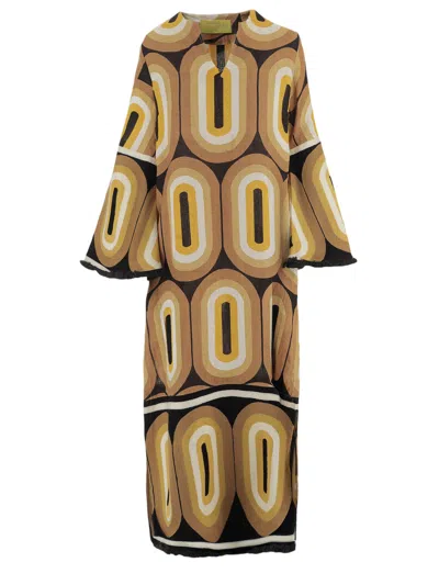 Philippa 1970 Linen Midi Dress With Geometric Print And Flared Sleeves In Multi