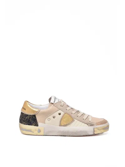Philippe Model Beige-gold Leather Paris Low Sneakers In Animal Print