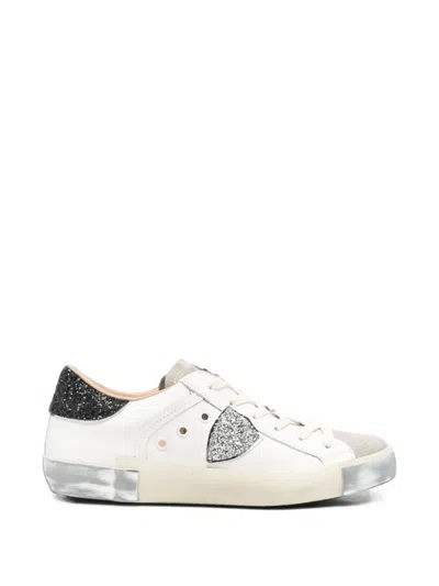 Philippe Model Leather With Glitter Trim Sneakers In Metallic